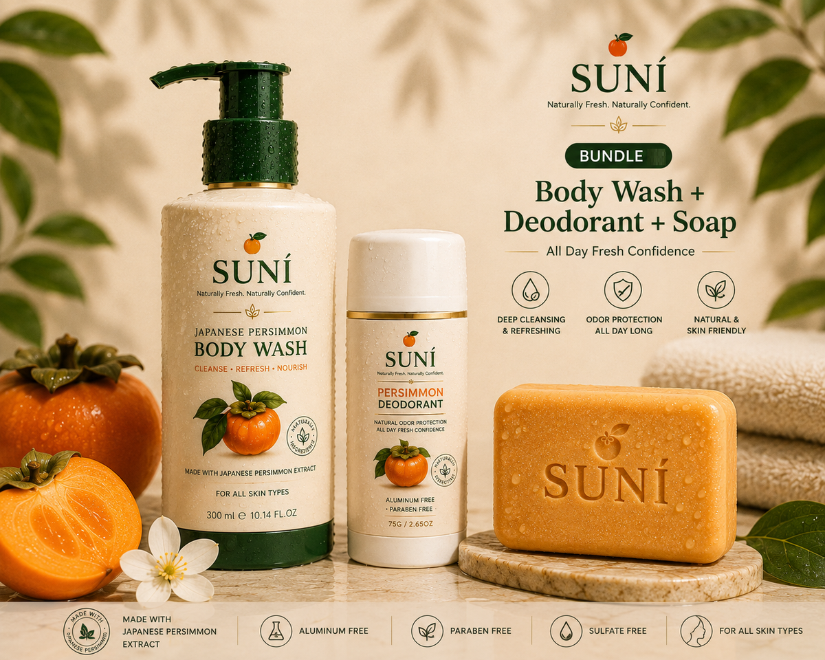 SUNI All-Day Fresh Confidence Bundle - Japanese Persimmon body wash, deodorant and soap bar set