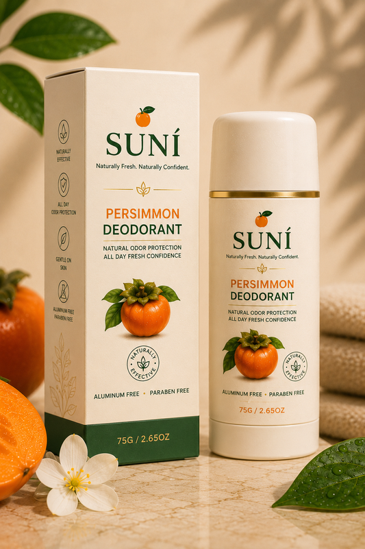 Persimmon Body Deodorant packaging and bottle on a natural background, promoting freshness and confidence.