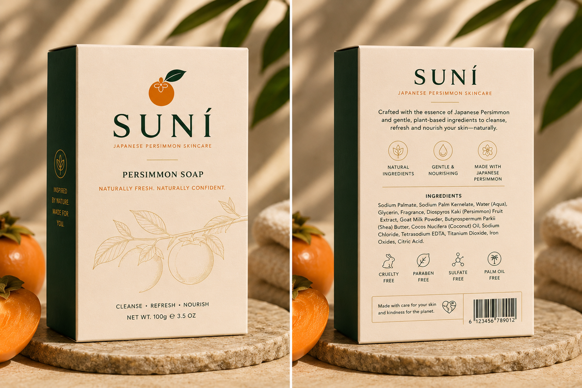 Japanese Persimmon Soap Bar by SUNI, featuring natural ingredients and eco-friendly packaging.