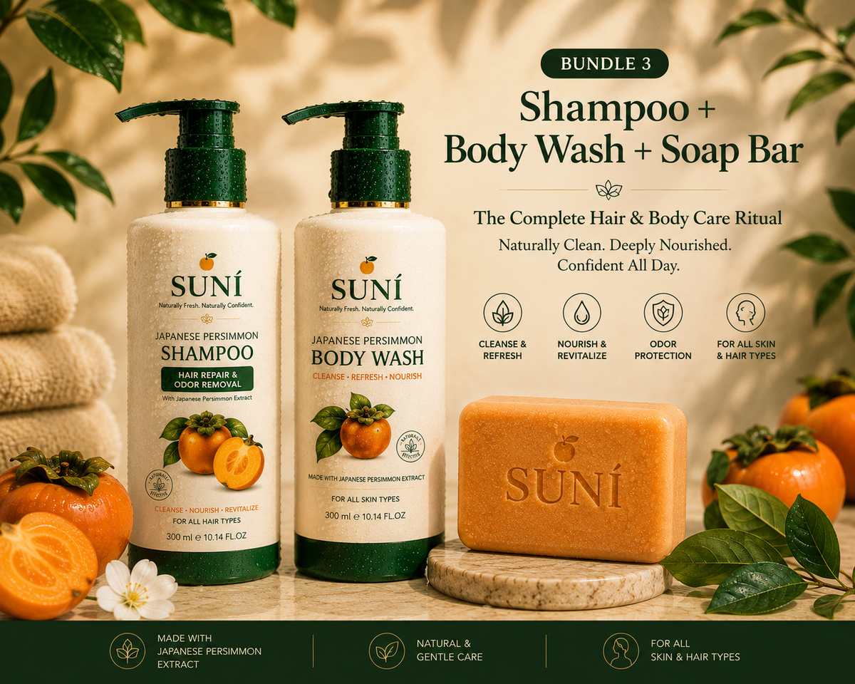 SUNI Complete Hair and Body Care Ritual - Japanese Persimmon shampoo, body wash and soap bar bundle