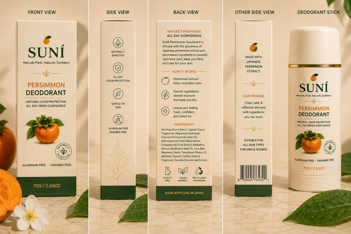 Persimmon Body Deodorant packaging showing front, side, back views and deodorant stick design, featuring SUNÍ brand.