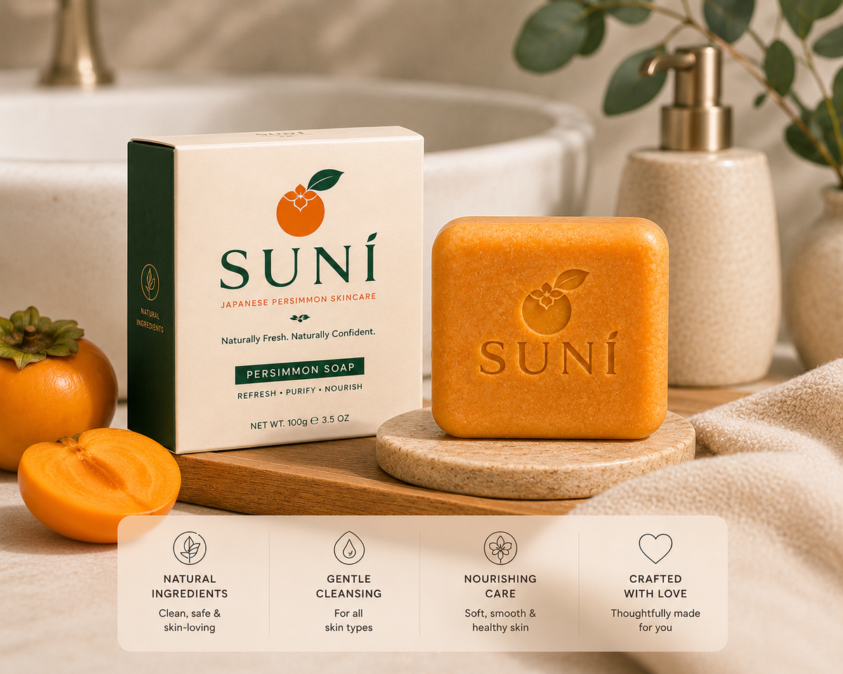 Japanese Persimmon Soap Bar with packaging and ingredients, perfect for gentle cleansing and nourishing skin.