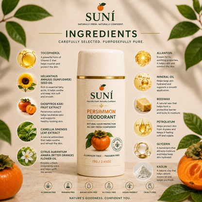 Persimmon Body Deodorant ingredients, including Japanese Persimmon Extract, sunflower oil and botanicals for freshness.