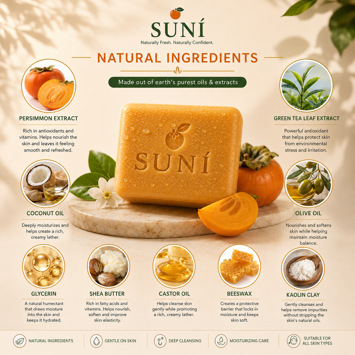 Japanese Persimmon Soap Bar featuring natural ingredients like persimmon extract, coconut oil, and green tea leaf extract.
